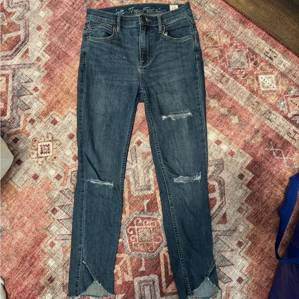 We The Free Dark Blue Distressed Cropped Jeans